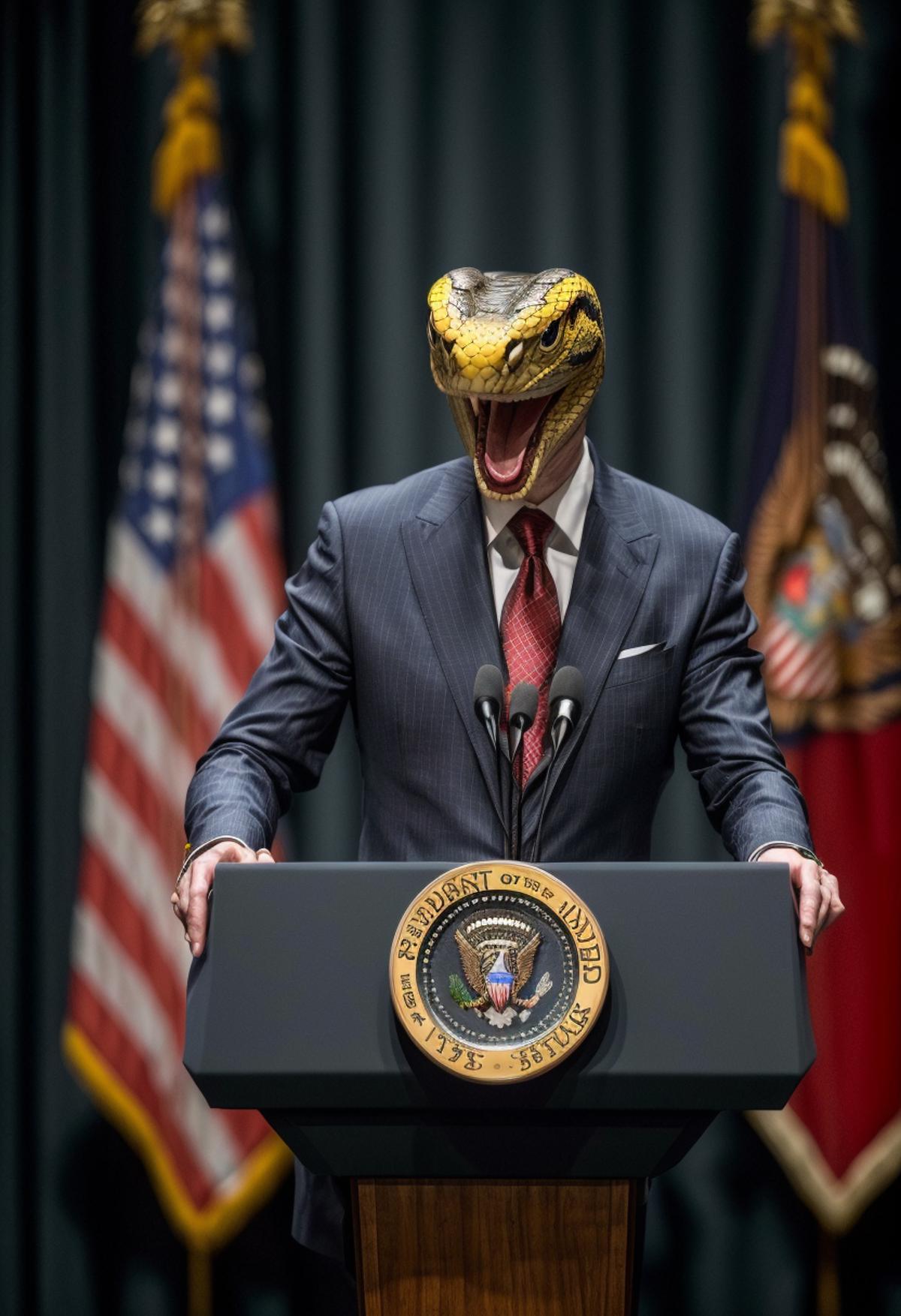 A man in a suit with a snake mask on, giving a speech at a podium.