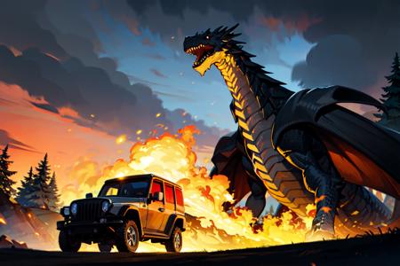 <lora:Dragons_NED-000018:0.7> <lora:voxMachinaStyleLora_season1:0.6> , textless, vox machina style, a dragon attackin a jeep on fire, planes with grass and some trees, rainy