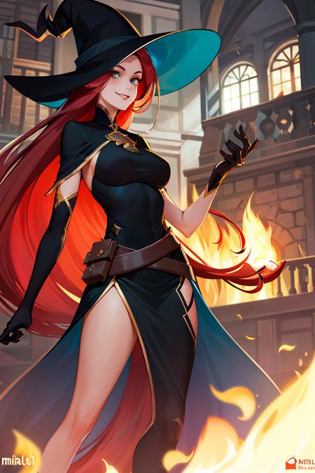 Mirael_AFK long red hair, black glove, fire