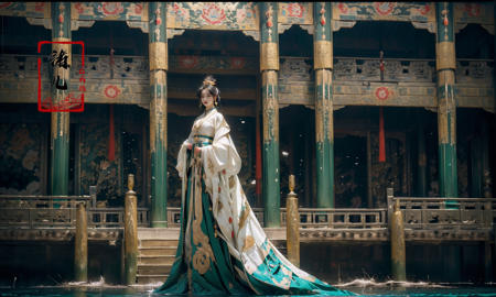 Dark and majestic Chinese palace background at night, waves and swirls of emerald color, a beautiful girl standing in the palace, the center of the sea, traditional Chinese costume jewelry,
elaborate costumes, full body photos, traditional costumes, eye - catching details, the best quality
<lora:~Q?-v[ palace background:0.9>