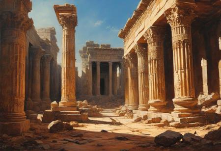Imagine a masterpiece by Csontvry, titled "Baalbek," capturing the essence of ancient grandeur and timeless mystery. This painting is a vivid portrayal of the historical ruins of Baalbek in Lebanon, known for its colossal Roman temples. 
The canvas is dominated by the imposing Temple of Jupiter, its towering columns stretching towards the sky, each one meticulously detailed to showcase the intricate carvings and the weight of history they bear. The sun casts dramatic shadows, highlighting the textures of the stone and the sheer scale of the ruins. In the foreground, scattered fragments of the once-magnificent structures lay strewn, a poignant reminder of the passage of time and the fragility of human endeavors.
The color palette is rich and earthy, with warm tones of ochre and sienna that evoke the heat of the Mediterranean sun, contrasting with the azure of the sky. This creates a mesmerizing atmosphere that is both awe-inspiring and somber, reflecting on the glory and the eventual decline of empires.
Csontvry's unique perspective and almost surreal clarity give the scene an otherworldly feel, as if time has stopped, allowing the viewer to step into a moment frozen between the past and eternity. The painting is not just a historical representation but a profound meditation on the themes of beauty, decay, and the enduring legacy of human civilization.