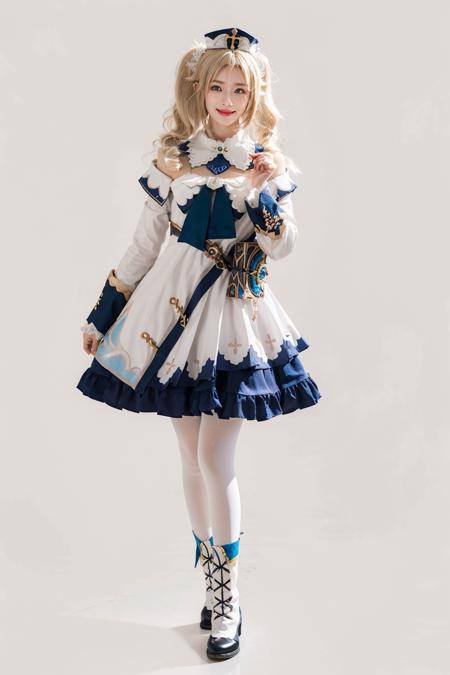 best quality, masterpiece, photorealistic, 1girl, solo, standing, full body, looking at viewer, smile, closed mouth, barbara cosplay costume, cosplay, blonde hair, hair between eyes, twintails, dress, long sleeves, hat, detached collar, waist bag, white pantyhose, boots, simple background, <lora:genshin_Barbara_cosplay_v1:0.7>