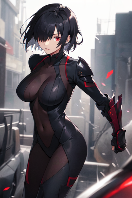 Tachie, 1girl, solo short hair, large breasts, black hair, red eyes, armor, hair over one eye, bodysuit, covered navel, gauntlets, skin tight, bodystocking, 