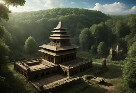 Create new Very beautiful a imaginary temple site Middle Ages period, sunny blue sky background and large dense forest. Very realistic photography.