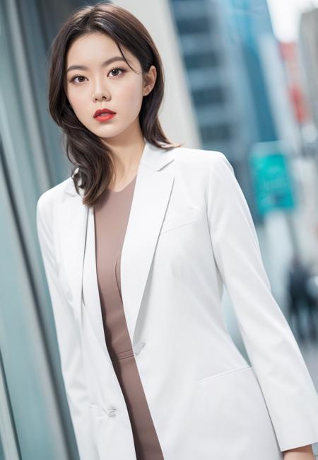 solo,
(office lady,white coat,),
half-length photo,cowboy shot,
city_lights,
(looking at viewer:1.3),
parted lips,   red_lips,shiny skin, skindentation, best quality, ultra high res, (photorealistic:1.4),