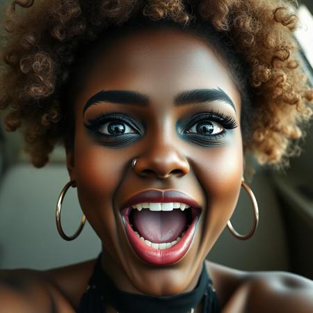 Amateur photography selfie of a female with open mouth wide, 20year, afro puffs, black eye makeup, dark skin, pale white face paint, hoop earrings, (titties:0.2), choker, smiling, wide eyes, ultra high quality, very detailed and photorealistic, face focus, very detailed skin, detailed skin, realistic skin, acne, skin pores, photographic, photography, photograph, skin pores, excessive lip filler, huge tits, cleavage, huge eyes, piercing, goth lipstick (skin pores:0.5)