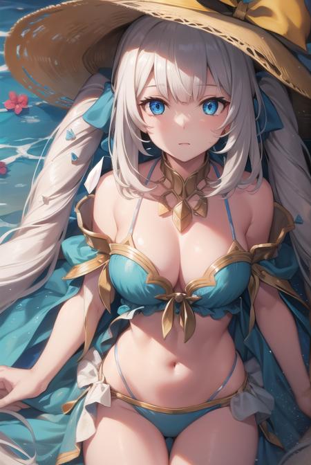 fgomarieantoinette, <lyco:marieantoinette-lyco-nochekaiser:1>,
marie antoinette, blue eyes, long hair, white hair, twintails,
BREAK bikini, blue bikini, frilled bikini, frills, front-tie top, hat, jewelry, navel, necklace, sarong, sun hat, swimsuit,
BREAK looking at viewer,
BREAK indoors,
BREAK <lyco:GoodHands-beta2:1>, (masterpiece:1.2), best quality, high resolution, unity 8k wallpaper, (illustration:0.8), (beautiful detailed eyes:1.6), extremely detailed face, perfect lighting, extremely detailed CG, (perfect hands, perfect anatomy),