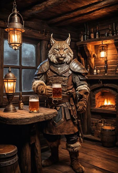 fantasy anthropomorphic a bobcat warrior in dark tavern holding a pint of ale in a cozy environment with gas lamps rustic wood warm brick fireplace and frosted glass windows