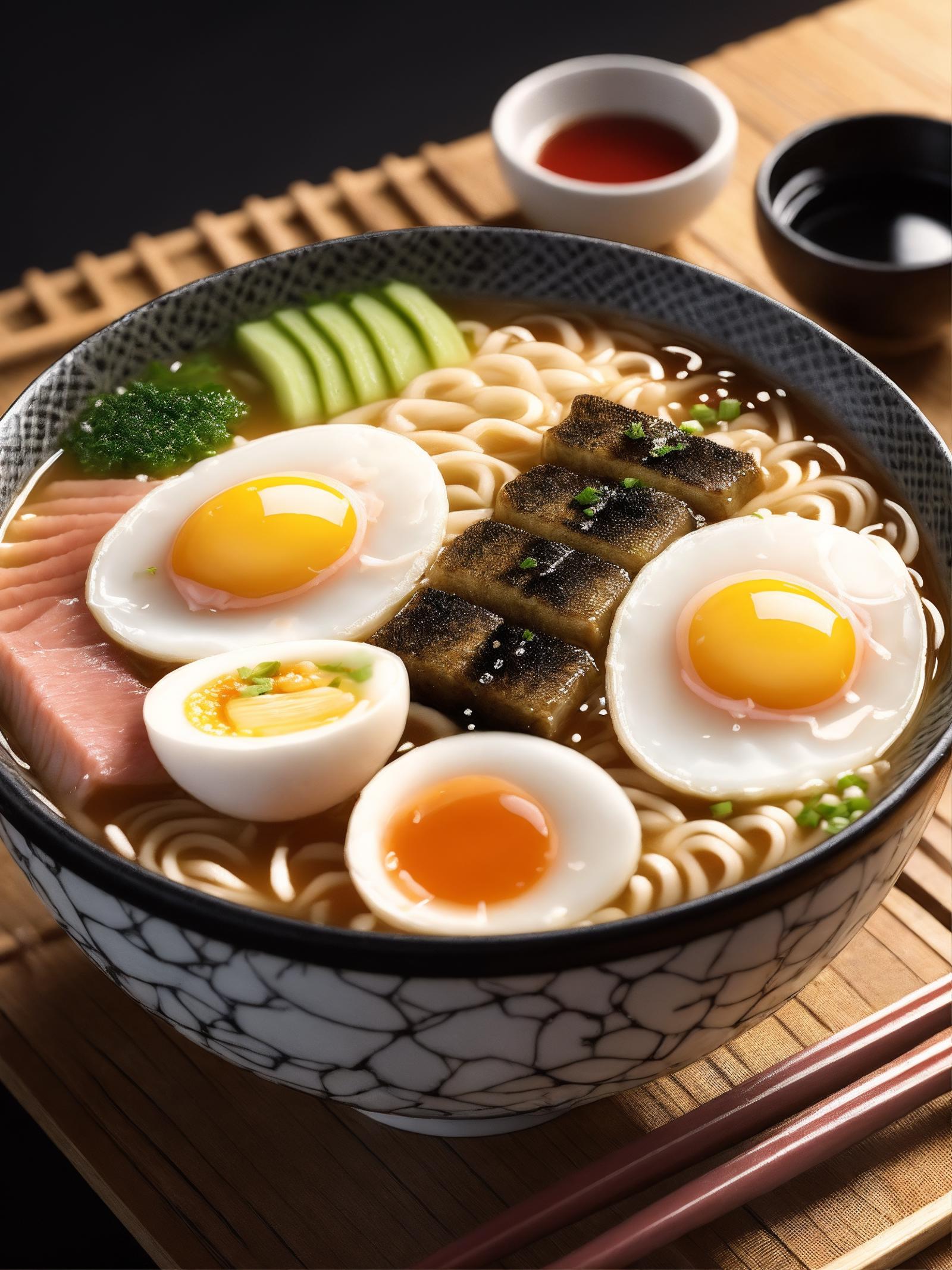 A bowl of soup with egg, noodles, and fish.