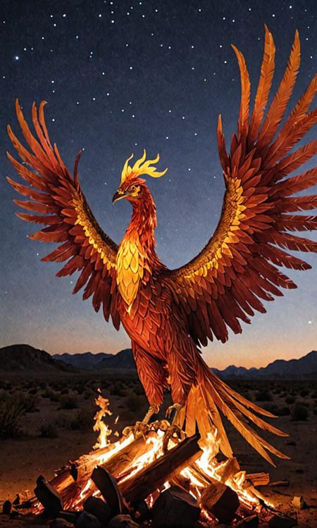 3. At dusk, a majestic phoenix rises above an expansive campsite at this celestial desert festival, its scarlet and gold feathers blazing with fire as it takes flight over attendees entranced by both bird and soundscape below them. With wings outstretched in perfect symmetry while emitting sonorous screeches that echo against towering mesas encircling the scene, this mythical creature is a fitting guardian of what's to come on tonightâs musical odyssey beneath starlit skies above and glimmering bonfires below.
