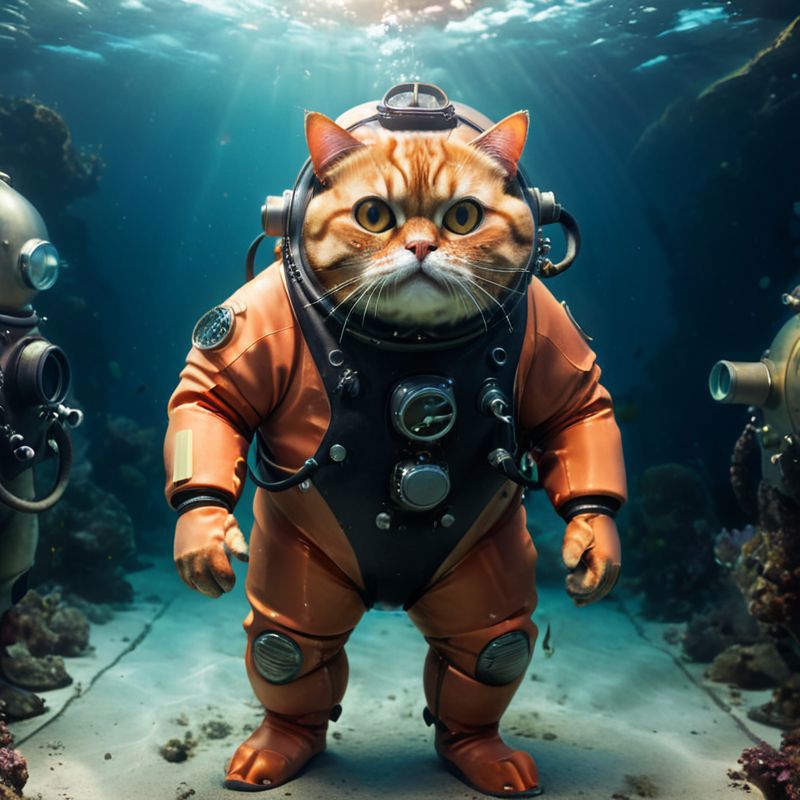 A Cat Dressed as a Diver in an Orange Wetsuit