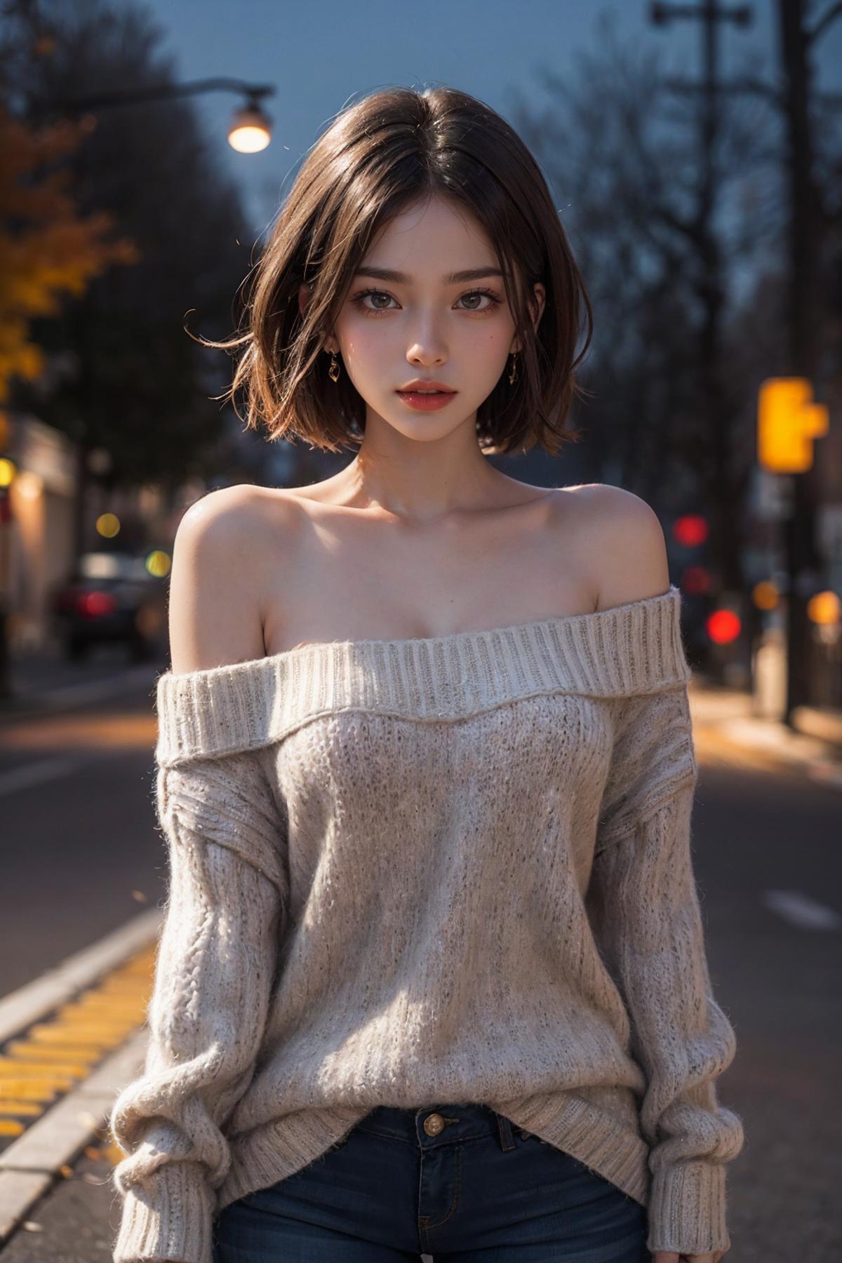 A woman wearing a white sweater posing for a picture on the street.