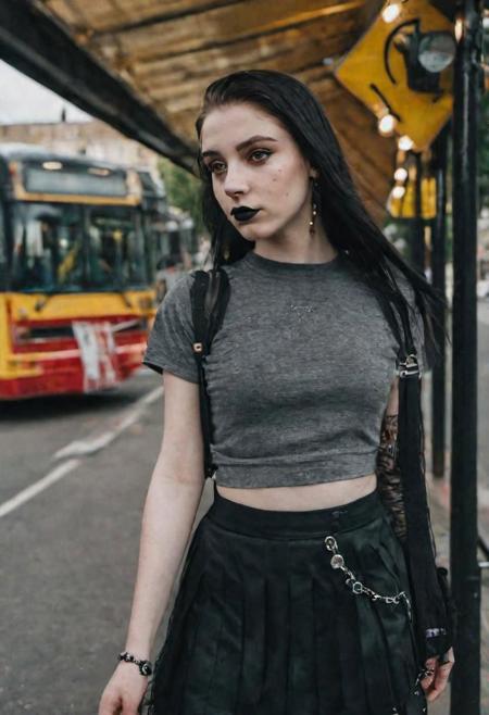 masterpiece 1girl, instagram portrait of a 18 y.o. teenager, pretty, charming europen,  beautiful (detailed face), pale skin, (summer), dark lip, in goth makeup waving at a bus stop, (nose studs), black straight hair, (gray T-shirt:1.25), black hip wrap skirt, ((bare waist)), cinematic light, (white sneakers), Movie Still, Film Still, Cinematic, Cinematic Shot, Cinematic Lighting on face, (Gold necklace)