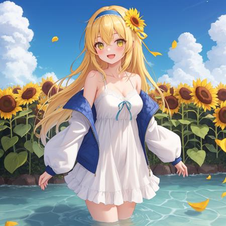 1girl, solo, dress, long hair, flower, sunflower, smile, holding, sky, outdoors, white dress, day, open mouth, cloud, jacket, off shoulder, :d, holding flower, looking at viewer, sleeves past wrists, collarbone, open jacket, hairband, yellow ribbon, bare shoulders, ribbon, long sleeves, open clothes, blue sky, breasts, bangs, yellow flower, medium breasts, water, wading, blush, hair ribbon, yellow eyes, green eyes, standing, hair between eyes, white jacket, petals, sleeveless dress, sleeveless, cowboy shot, masterpiece, best quality,