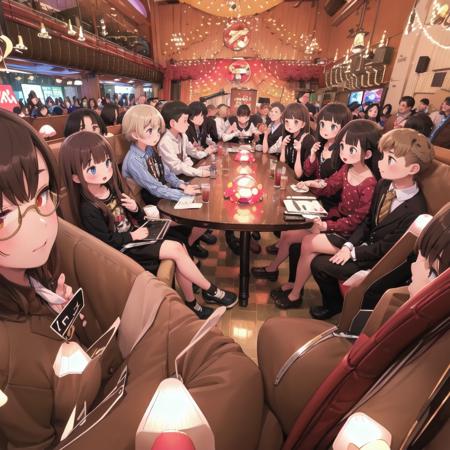 best quality, ultra-detailed, illustration, glasses,
missosaka, scenery, sign, lights, crowd, 6+boys, table, chair, chandelier, couch, indoors
 <lora:MissOSAKA_SD15_V1:1>