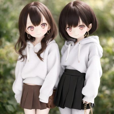 <lora:dolls:1.0>, (kukolnydom:1.0), doll, 2girls, bag, black hair, blouse, brown hair, earrings, handbag, highres, hood, hoodie, jewelry, long hair, long skirt, multiple girls, outdoors, pants, ribbed sweater, short hair, shoulder bag, skirt, sleeves past wrists, smile, sweater, wakamatsu372