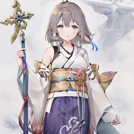 yunaffx A woman with short brown hair, wearing a white kimono and blue dress. blue skirt, (a green eye and a blue eye), (different eye colors), holding a staff, standing on water,  <lora:yunaffx:1>