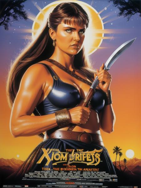 80s movie poster, Xena, warrior princess, kingdom background,  high definition, detailed<lora:80s Movie Poster Style v2:1>