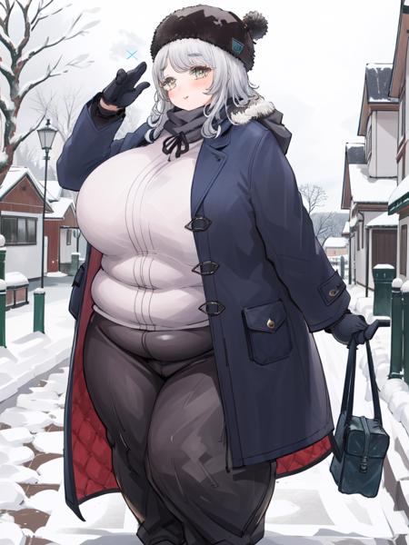 CatBuchi,1girl,plump,thick thighs,wide hips,open coat,winter clothes,hat,winter glove,winter trousers,<lora:CatBuchi-10:1>