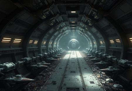 Create an animated image of an abandoned space station inspired by the Star Wars universe. The station should appear heavily damaged, with rows of old robots lining the walls and numerous small ships left in disarray. The atmosphere must convey a strong sense of abandonment and desolation, featuring dim lighting and shadows that enhance the eerie mood. Include details like rust and signs of wear to emphasize the age and neglect of the station.