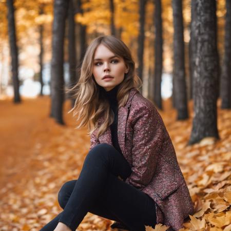 anastasia_shcheglova, <lora:AnastasiaShcheglovaXL:1>, colorful summer jacket, turtleneck, black denim jeans, edgy style, forest a array of autumn leaves on the ground