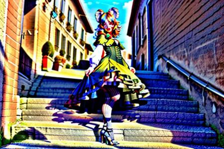 solo girl, mouse ears, mouse tail, flat chest, short, posing, multi-colored hair, happy to see you, striped thigh-high socks, high heels, princess dress, looking at the viewer, gothic world,