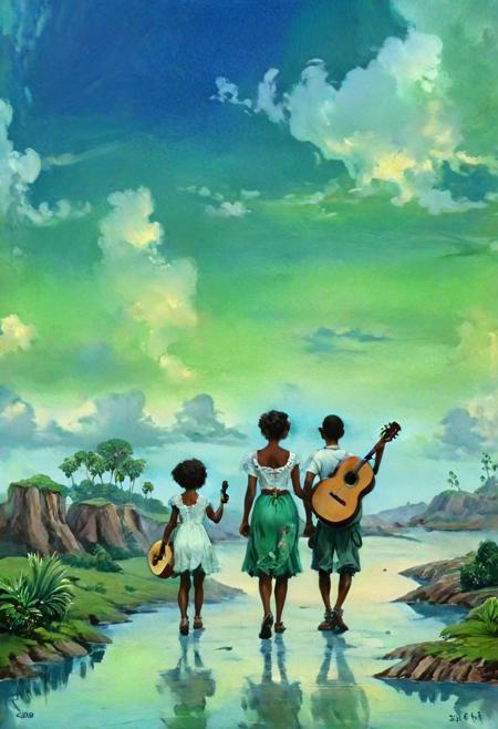 Namek, 1boy and 1girl, irish european man with guitar rambling in a strange land of New Orleans near the lakes of Ponchartrain and a dark beautiful Creole girl walking towards him, oil painting, award winning, (masterpiece, best quality:1.4), <lora:add-detail-xl:3>, <lora:xl_more_art-full_v1:1>