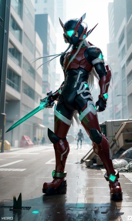 megzeromyth2023, 1boy, long white hair, red armor, green energy sword, 8k, uhd, best quality, masterpiece, intricate,  photorealistic, mask, glowing green eyes, cyberpunk city,