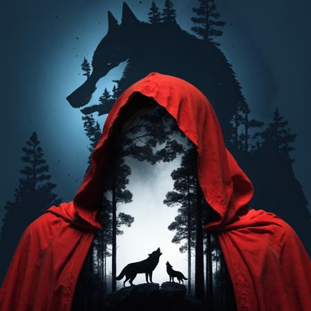the imagination of fear, (Double exposure:1.3) effect of Little Red Riding Hood and the Wolf silhouette, superimposed against dark forest sky by Conrad Roset, Brandon Kidwell, Andreas Lie, Dan Mountford, Agnes Cecile, Jeremy Mann, oil and ink canvas, fine art, super dramatic light, photoillustration, amazing depth, hyperdetailed, iridescent red, redundant dreams, intricate detailed, amazing depth, stunning atmosphere, mesmerizing whimsical vibrant scenery, maximalism (Beautiful Outside, Ugly Inside, Stress and Pain, Beauty and Despair, Hard and Soft, Positive and Negative, Hot and Cold, Sweet and Sour, Vibrant and Dull, Perfect Harmony, Light and Dark, Hot and Cold, Old and Young, Fire and Ice, Yin and Yang, Opposites, Black and white, Hot and Cold, Organic and Mechanical, Corresponding colors, Loud and Quiet, Chaos and Peace,  Night and Day:1.2) complex masterwork by head of prompt engineering <lora:add-detail-xl:2> <lora:Double_Exposure:0.8>