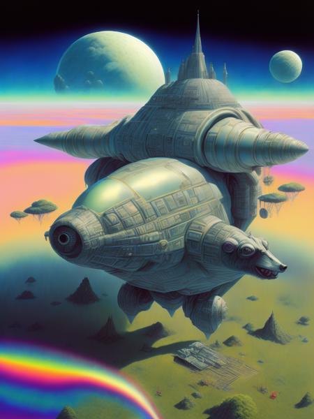 <lora:AngusMcKie:1>a top down isometric view of Gods divine biomechanical grizzly bear nuclear powered artillery spaceship floating in an open field of heavenly wonders before the lessor alien Gods, style HR Giger, rainbow shades, style Jeff Easley