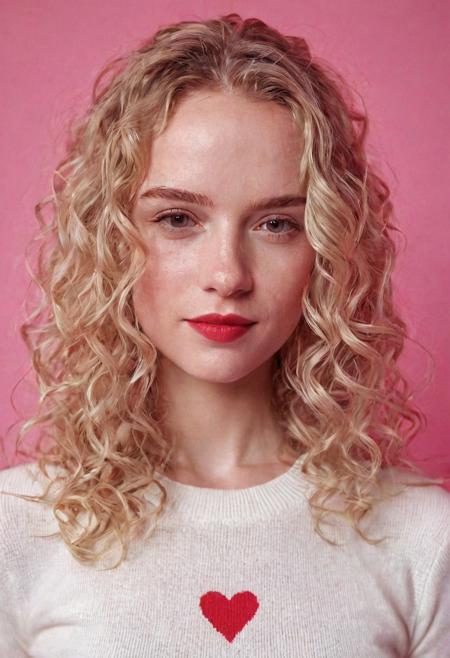ASCII oil portrait of a girl with extremely small breasts, (nipple outline, pokies under shirt:1.4), long blonde wavy hair, extremely beautiful woman, narrow face, model, Valentine`s Day, hearts, love, red and white clothing, wearing tight sweater, simple background, pink gradient background, pale skin, white girl, detailed skin, looking at viewer, small smile, cinematic, great shading, moody slighting, (by Hope Gangloff:1.2),