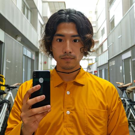 <lora:yamano_v2:1> yamano face, a man with a shirt on holding a cell phone in his hand and looking at the camera