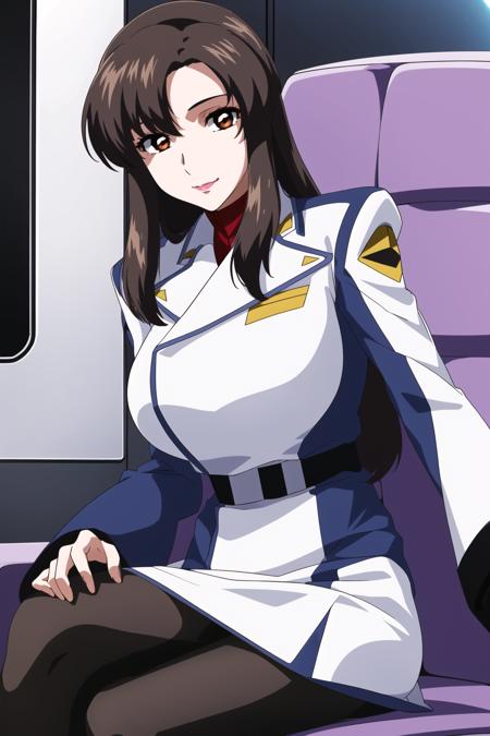 Night, a space battleship in space,
sitting on a White_armchair,
military uniform, military,jacket,blue and white uniform,Skirt,
<lora:Murrue_Ramius_Destiny-KK77-V1:0.7>, (black_pantyhose:1.3), 
bangs,brown_hair, long_hair,red eyes,lipstick,makeup, 
1 girl,27yo,female,Beautiful Finger,Beautiful long legs,Beautiful body,Beautiful Nose,Beautiful character design, perfect eyes, perfect face, Japanese,cosplay,
looking at viewer, (innocent_big_eyes:1.0),alluring,embarrassed, shy,light smile,
official art,extremely detailed CG unity 8k wallpaper, perfect lighting,Colorful, Bright_Front_face_Lighting,
(masterpiece:1.0),(best_quality:1.0), ultra high res,4K,ultra-detailed,
photography, 8K, HDR, highres, absurdres:1.2, Kodak portra 400, film grain, blurry background, bokeh:1.2, lens flare, (vibrant_color:1.2)
(Beautiful,large_Breasts:1.4), (beautiful_face:1.5),(narrow_waist),