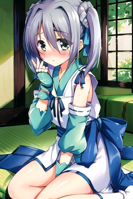 1girl, masterpiece, best quality, absurdres, cute, extremely detailed face, perfect lighting, blush, japanese room, <lora:takenaka_hanbee-000080:0.8>, takenaka hanbee, twintails, hair ribbon, detached sleeves, japanese clothes, fingerless gloves, obi, sitting, leaning back,