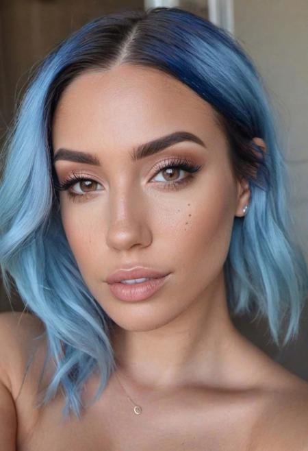 beautiful young woman portrait photo, blue hair, realistic very light freckles on face, light brown eyes, latina influencer, instagram model, very slightly rough skin, realistic portrait, realistic ambience light, light makeup, large breasts