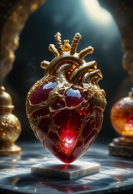 improved cinematic photo, 35mm photograph, film, professional, 4k, highly detailed,
A ruby fragment enclosing a Human Heart,
The ruby fragment is a smooth, slightly irregular sphere, roughly the size of a marble, with a warm golden-brown hue. Its surface is polished, gleaming softly under light, revealing a mesmerizing play of golden, honey, and orange tones. Tiny air bubbles and organic inclusions are scattered throughout, lending it a sense of antiquity and natural complexity.
Inside, a perfectly preserved Human Heart lies suspended in time, its delicate body encased in the translucent ruby.
Around the Human Heart, subtle striations and minute organic fragments, possibly plant material or dust, create a vignette that frames the insect. The ruby's clarity varies in places, with some sections slightly cloudy, further accentuating the Human Heart as the focal point. The fragment feels timeless, a tiny time capsule offering a glimpse into a prehistoric world millions of years ago