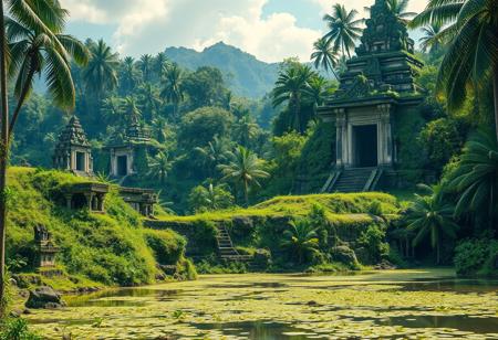 Realistic style. Overgrown monuments of an ancient civilization. There is tropical vegetation and a lake. The scene is vibrant and idyllic. Masterpiece,best quality,hi res,8k,hi res,8k,award winning,(sharp focus, intricate, highly detailed)