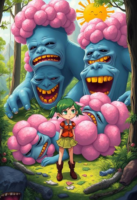 Fantasy forest, surrounded by vibrant greenery and mountains, with a surreal whimsical vibe.  
Giggle Giants, massive blue-skinned humanoids with fluffy pink hair resembling clouds or flowers, cartoonishly grotesque features.  
 Open exaggerated wounds, glowing gold teeth, slack lifeless expressions, comically oversized proportions, sprawled awkwardly across the forest floor.  
Appears to be a young adult or late teen.  
 Green hair styled in messy pigtails, wearing a colorful fantasy-style outfit with a short skirt and boots. Small stature in stark contrast to the massive creatures.  
Confident or defiant, exuding playful irritation or sarcasm.  
Small fantastical creature or animal-like figure (possibly a cat or tiny humanoid) with exaggerated features such as large eyes or ears.  
 Neutral or curious, quietly observing the main character or the scene.  
 Standing upright close to the main character, passive and non-confrontational.  
 Bright, cheerful daylight with soft shadows and glowing highlights, including a whimsical sun with a face in the background.  
Dark humor, whimsical irony, a blend of playful grotesque and absurd fantasy.  
Satirical take on fantasy tropes, contrasting innocence and morbidity, with an emphasis on the absurdity of the setting and characters.  
Cartoon surrealism with bold outlines, vibrant colors, and exaggerated proportions, blending lighthearted whimsy with morbid humor.