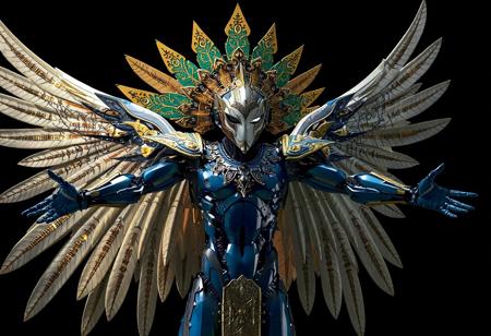 A hyperdetailed cinematic digital illustration of a humanoid Incarnated Machine Angel, depicted in a dynamic pose with outstretched arms, exuding readiness and power. The body is predominantly blue, contrasting sharply with the black-and-white head, while the large headdress is a complex assembly of gold and green, featuring intricate patterns and designs. The Orcustrated Babel background provides a stark contrast, enhancing the angel’s visibility and drawing immediate attention. Rendered in Unreal Engine 6, with 4K resolution, lifelike details, sharp lines, and stunning, harmonious colors. The composition is impeccable, with captivating cinematic lighting, balanced editing, and a creative angle, trending on ArtStation, CGSociety, and ArtStationHQ. Inspired by the styles of Raphael, Houdini, and Grammer Effect, with vivid emotions and a powerful message. The humanoid Incarnated Machine Angel’s design showcases handcrafted precision and a sense of divine mechanical grandeur, evoking a high-stakes, otherworldly atmosphere."