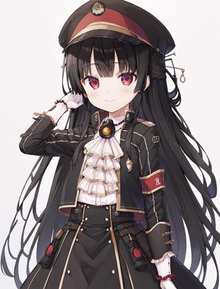 black hair,red eyes,bangs,long hair, 8620 \(uniform\),peaked cap,white gloves,black jacket,black skirt,black headwear,white ascot,armband,frills,black boots,