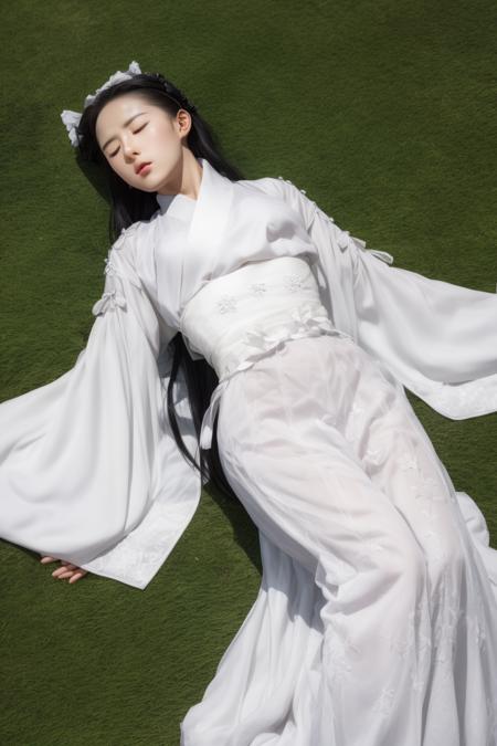 masterpiece, best quality,detailed face,
1girl,solo,((full body)),white hanfu,white hair ribbon,
on back, lying, on grass, sleeping, closed eyes, 
<lora:add_detail:0.35> <lora:xiaolongnv_20230601155437:1>