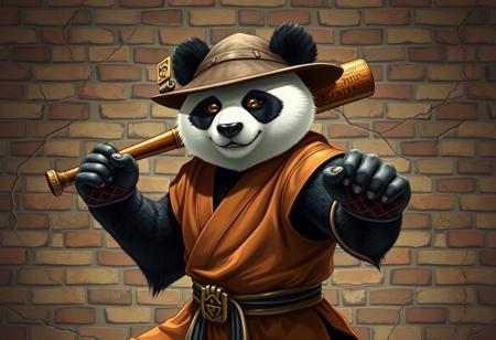 Create an image of a panda bear in a heroic Muay Thai stance, holding a baseball bat and wearing World of Warcraft-inspired, themed robes and a hat, with a cracked brick wall background in the style of 1940s anime. The image should be highly detailed, with a focus on showcasing the panda's strength and agility. The art style should be reminiscent of Sifu and Warcraft, with a mix of realistic and stylized elements. The final image should be in 4K or 8K resolution and feature a master painter level of detail.