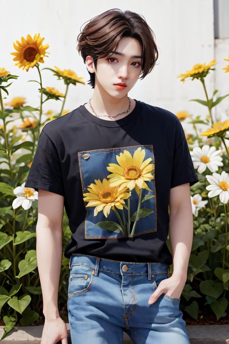 1man, wooseok, solo, short hair, brown hair, brown eyes, flower, short sleeves, denim, jeans, realistic,<lora:JungWooseok:1>, Extreme Details, Photo realistic, hyper detail, hyper realistic, Portrait, Long shot, portrait photo, hyper realistic