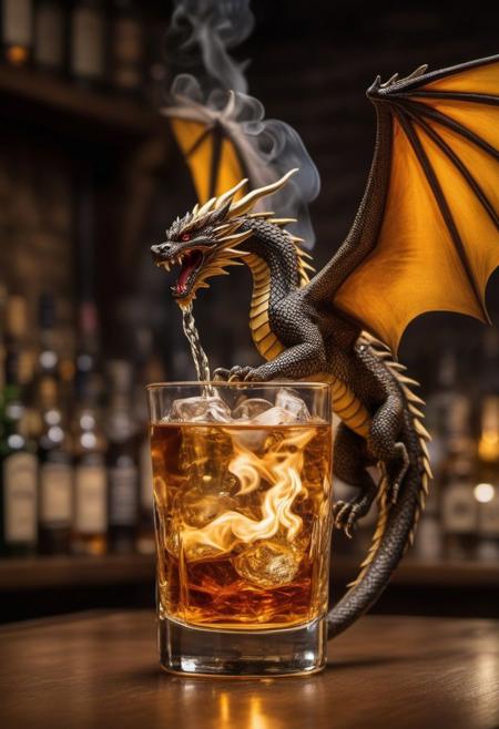 perfectly contained Inside a whisky bottle: A majestic Flying dragon. holding a shot glass, breathing flames, on a English bar, in front of a slightly blurred background of a wall of other liquor bottles