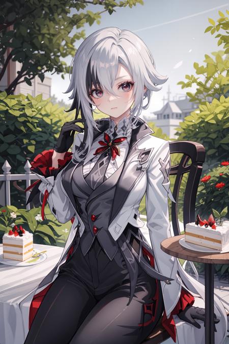 1girl, arlecchino \(genshin impact\), black gloves, grey tailcoat, black pants, grey vest, grey shirt, looking at viewer, light smile, looking at viewer, sitting, cowboy shot, chair, table, cake, garden, outdoor, depth of field