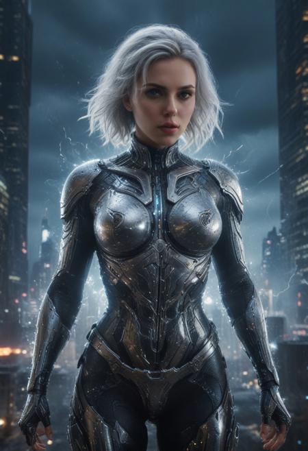 A stunning 32K, 1000K HDR, 1500FPS, ultra-HD, hyper-realistic, high-quality full frame shot of a cyberpunk superhero, infused with the essence of a Norse god, towering over a neon-lit cityscape, mesmerizing reflections of ancient runes in glass skyscrapers, clad in shimmering metallic armor, reminiscent of iron and liquid crystal, featuring Scarlett Johansson, ethereal silver hair cascading down, embodying strength and grace, captured in a high-energy action pose, surrounded by swirling mist and electric sparks, utilizing a Canon EOS R5 with a 24-70mm lens, ISO 100, f/2.8, cinematic lighting, showcasing a captivating blend of realism and fantasy, vibrant graffiti art, under a twilight sky, illuminated by vibrant neon signs and flickering holograms, creating a moody, immersive atmosphere, echoing H.R. Giger's style, completed with Unreal Engine enhancements, ensuring hyper-realistic textures and dynamic lighting, 32K smooth HDR, 128K HDR, high-res, stunning makeup, highly detailed face, fingers, eyes, nose, lips, hairstyle, Unreal Engine v6, bold colors, captivating expressions, natural lighting, Steven Spielberg VFX, CGI, practical lighting, NVIDIA RTX 3090 GPU, DeepArt.io, Artbreeder AI, LCM-LoRA DetailedFace:1.2, DetailedHand:1.1, DetailedMaster:1.0, DetailedEyes_xl:1.2, BetterSkinXL:1.1, 1,300 digital effects, Unreal Engine-rendered, awe-inspiring, smart HDR, 128K, CGI Unity.