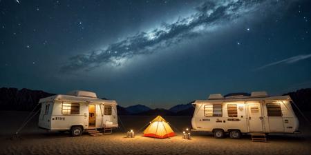 (ultra high res:1.4), (masterpiece), (beautiful lighting:1.4) , dessert, camp, people, caravan, illustration, anime, outdoor, sky, night, star, camping,