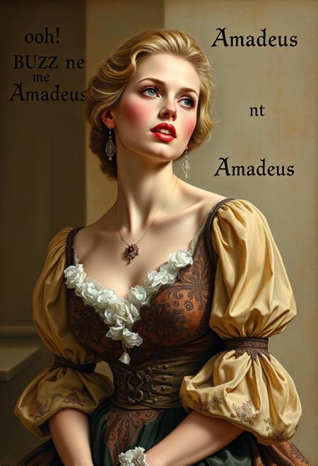 Classical oil painting of a woman enthralled by Mozart's music, her (lips are rounded) . Gothic text reads "ooh! BUZZ me Amadeus!"
She is wearing an elaborate high-class higwaisted neoclassical dress that is tasteful and elegant, sharp high cheekbones and lustful blue eyes. 
SFW.