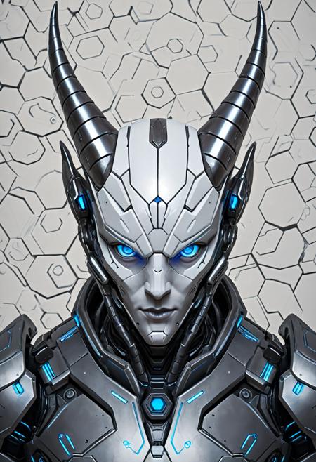 Alien-themed hair, forehead, eyebrows, eyes, nose, lips, neck, collarbone, concept art theme, a white hexagonal background with a lot of hexagonal tiles on it's sides and a white background, (22:0.9090909090909091), a photo, Android Jones, a1bs2trac1t, background, aura, . Extraterrestrial, cosmic, otherworldly, mysterious, sci-fi, highly detailed, hexagon, alien, humanoid robot, blue eyes, no humans, realistic, portrait, science fiction, robot,
A futuristic character from the video game apex legends. the character is shown in three different poses, with the left side showing the character's face and the right side showing its body. the character has a large head with sharp teeth and blue eyes. it has two horns on either side of its head, which are pointed upwards. the horns are made of metal and have intricate designs on them. the body is covered in a metallic armor-like material, with a black and silver color scheme. the armor appears to be made of a combination of metal and glass, giving it a futuristic and futuristic look. there are also several smaller images and text scattered around the character, including a close-up of his face, a pair of blue eyes, and a larger image of his face with a more detailed design.
 <lora:a1bs2trac1t:1><lora:a1bs2trac1t :1>