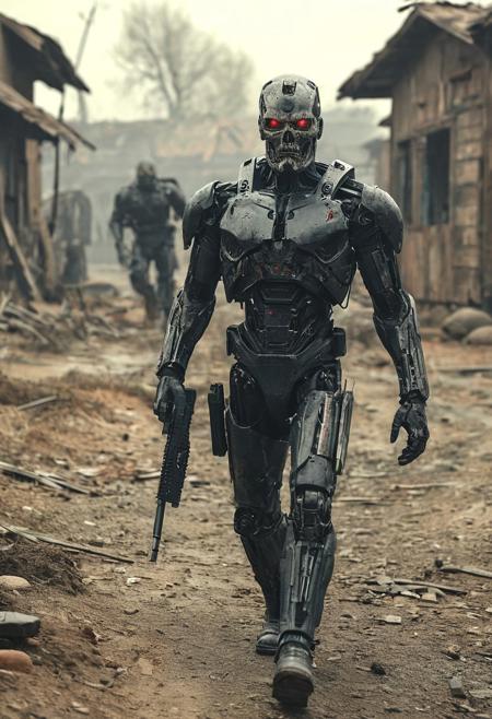 T-800 terminator hunting humans in old village in the background, T-800 holding a laser rifle, scared humans in background running away,
